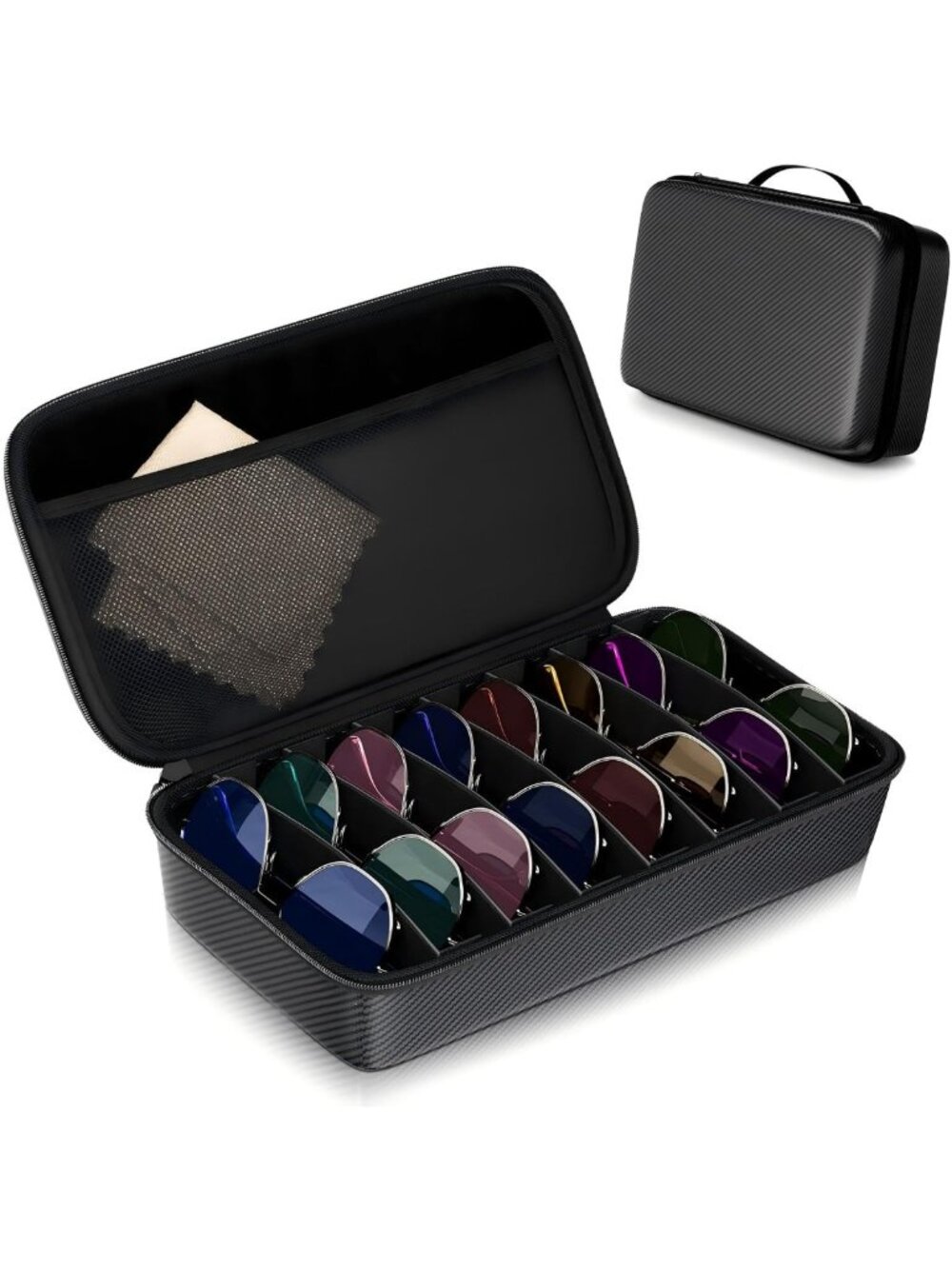Travel Sunglasses Organizer Case - Hard Shell, Adjustable Slots for Multiple